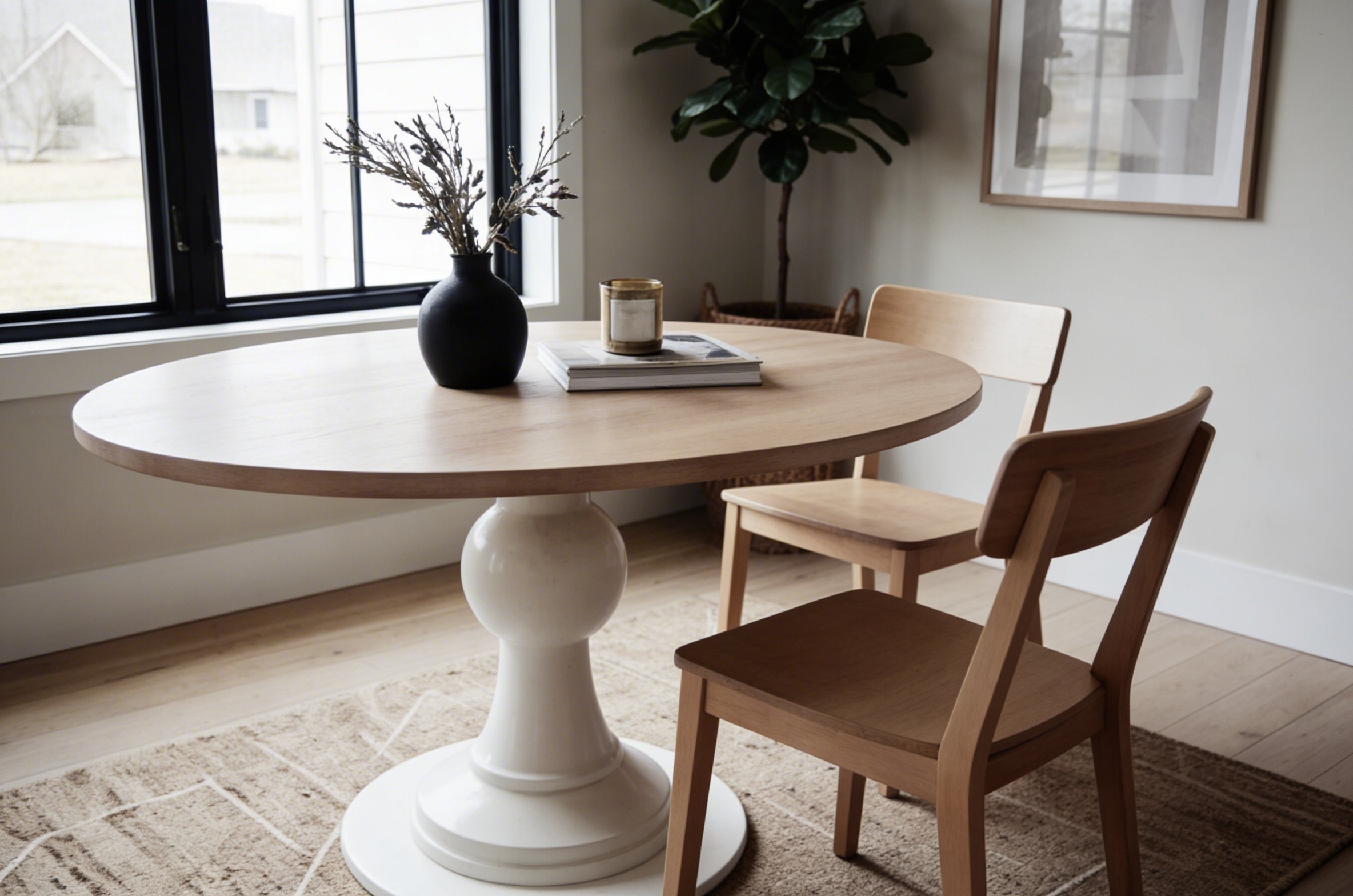 A light white oak round table with a painted pedestal base in a dining room